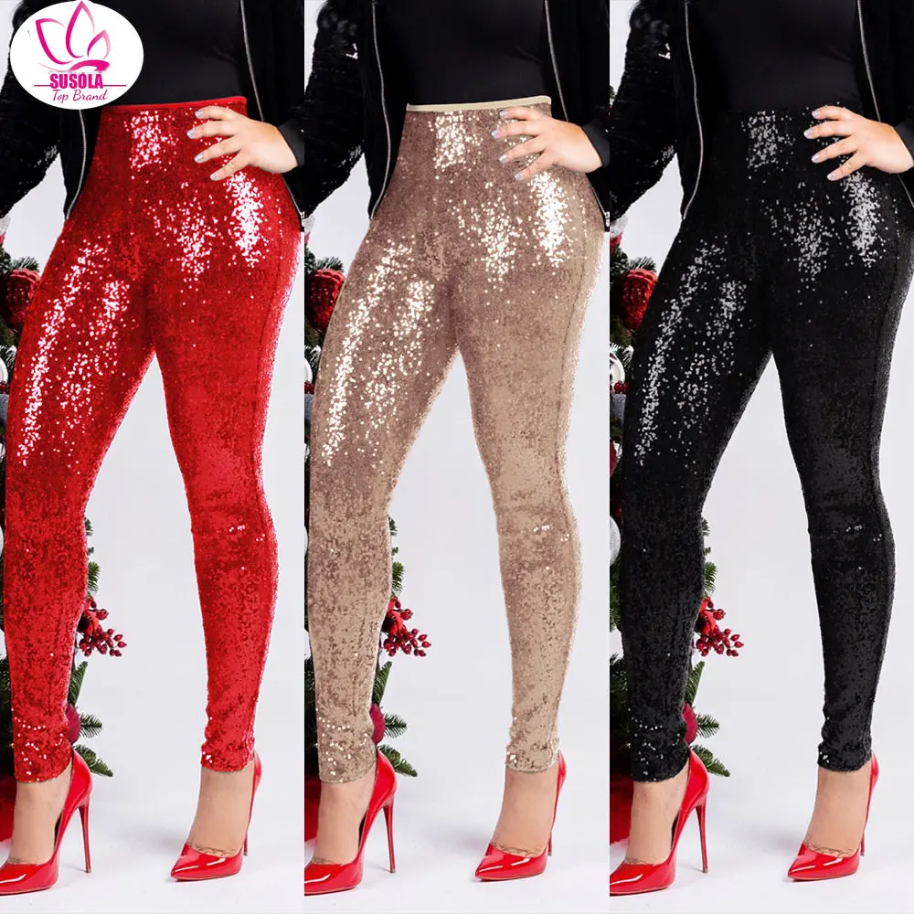 

Сексуальные облегающие брюки SUSOLA с блестками, женские брюки пуш-ап, черные брюки с высокой талией, женские зимние Клубные облегающие брюки-карандаш