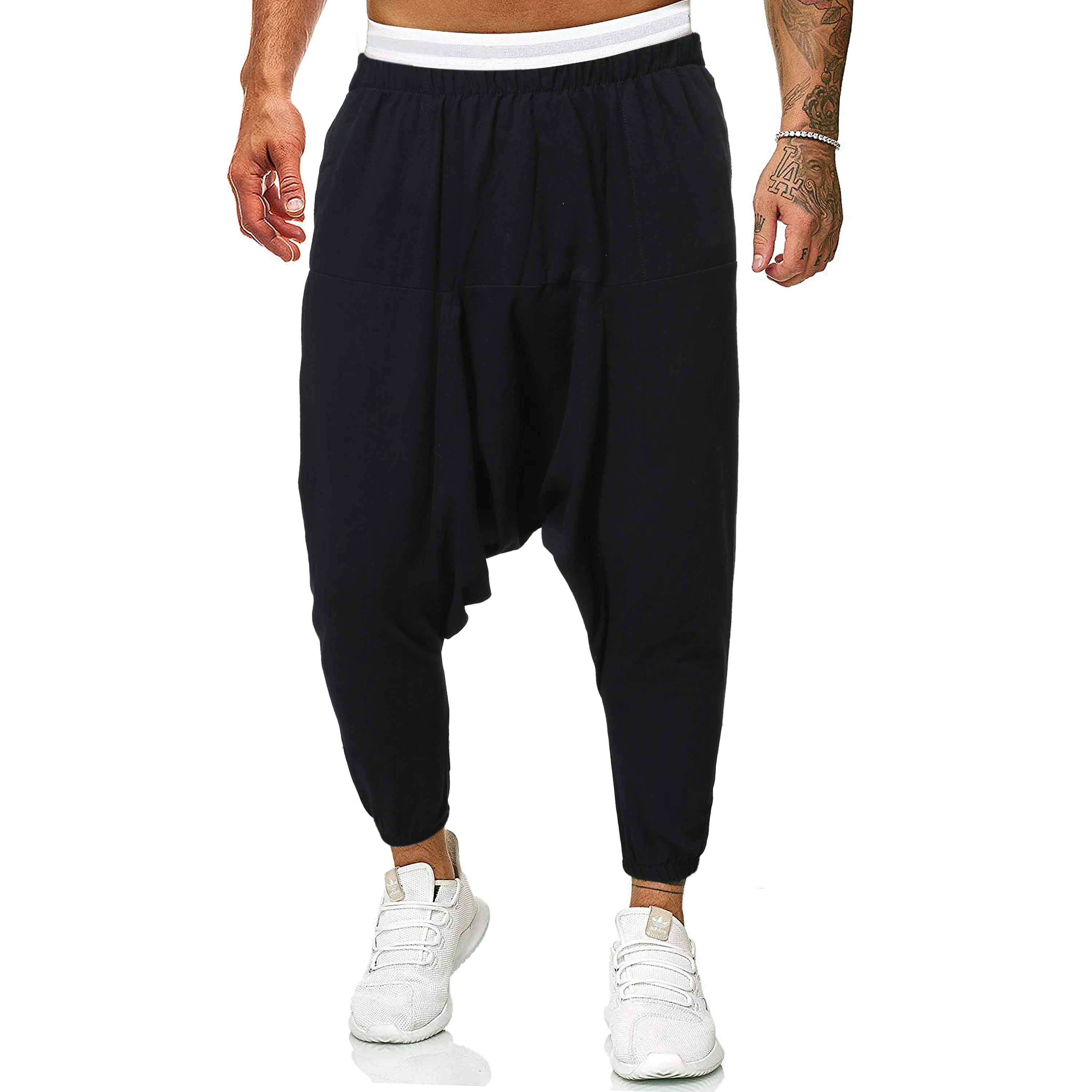 

Men Linen Black Harem Cotton Streetwear Solid 2023 Baggy Cross-pants Pants Male HipHop RunneRs Man Wide Legs