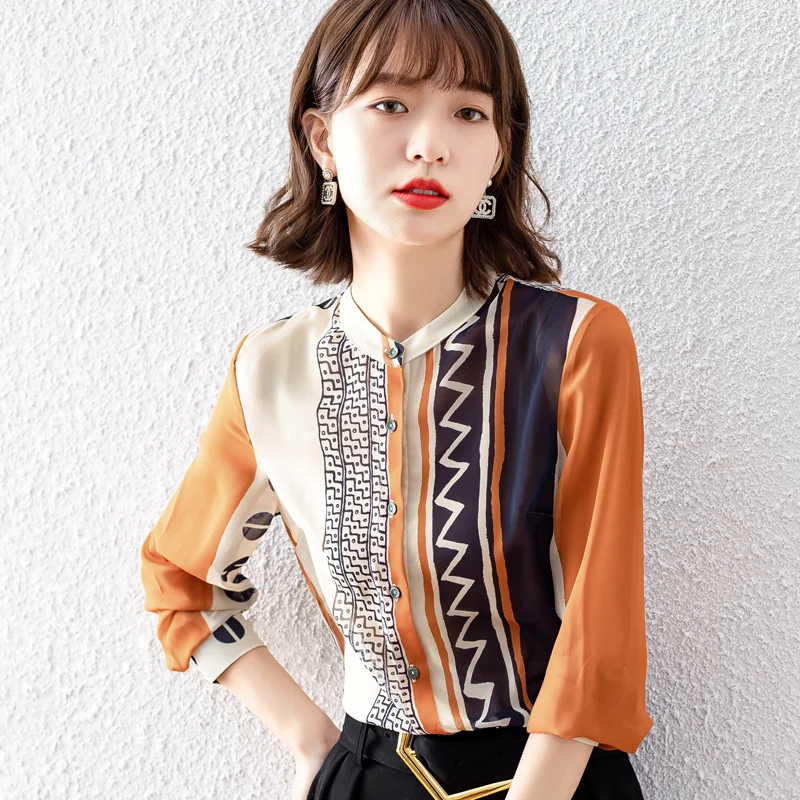 

Summer Women Shirt New Casual Loose Print Chiffon Long Sleeve Top Retro Clothing Houthion