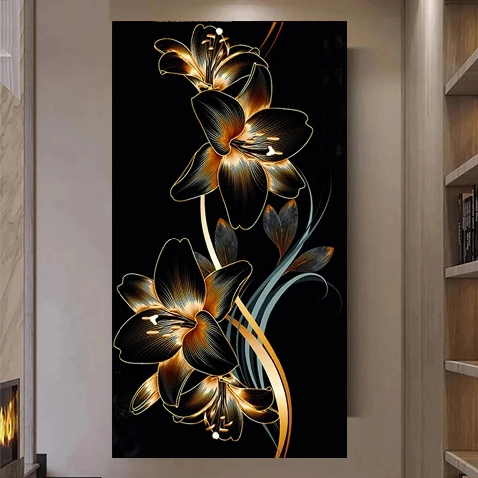 

Large Size DIY Diamond Painting Gold And Black Lily Full Drill Mosaic Kit Flowers Picture Crystal Diamond Embroidery Home Decor