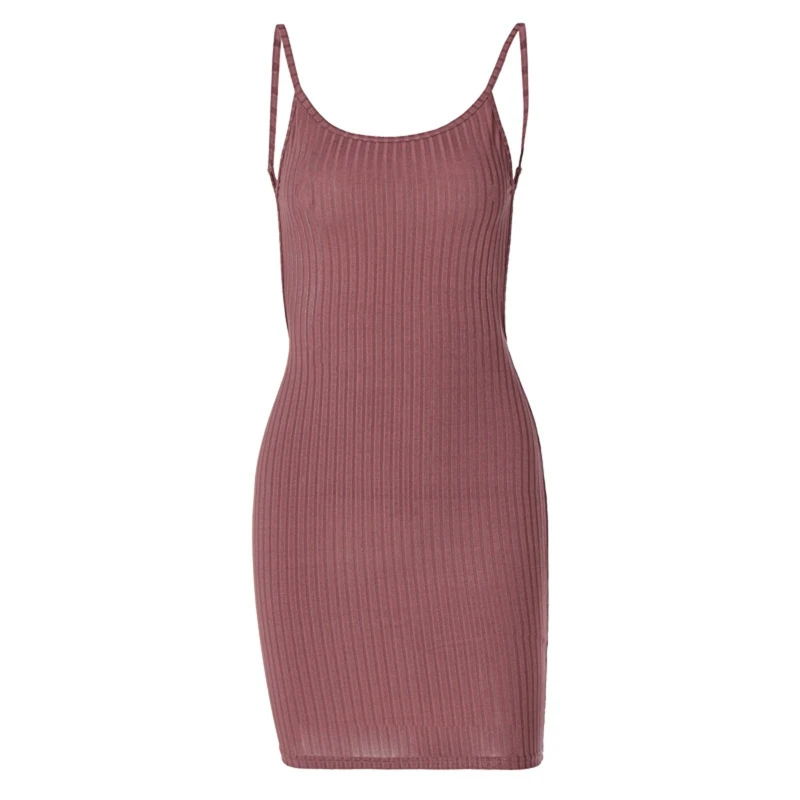 

Women Summer Spaghetti Strap Ribbed Knitted Bodycon Mini Cami Dress Sexy Open Back Plain Solid Color Package Hip Cocktail Party