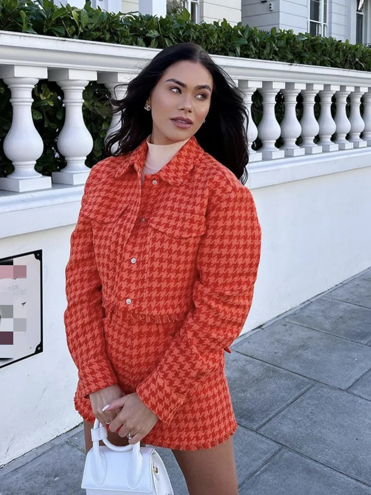 

PTYSIC Fashion Women Orange Tweed Cropped Jacket Single Breasted Turn-down Collar High Waist Casual Girls High Waist Shorts