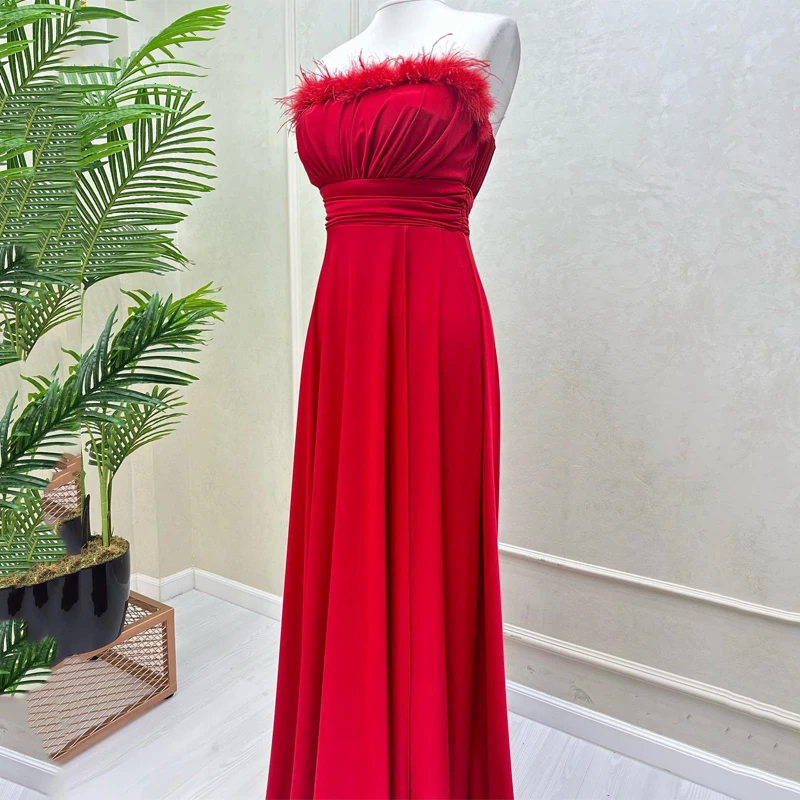 

Red Sexy Strapless Satin Off-shoulder Evening Dress Feather Pleats Floor Length Sexy Side Split Woman Party Prom Gown