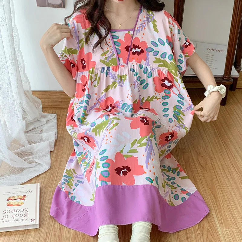 Summer Girls' Sweet and Lovely Short Sleeved Pajamas Women Loose Oversized Nightgown Household Clothes  Cute Colorful  Skirt
