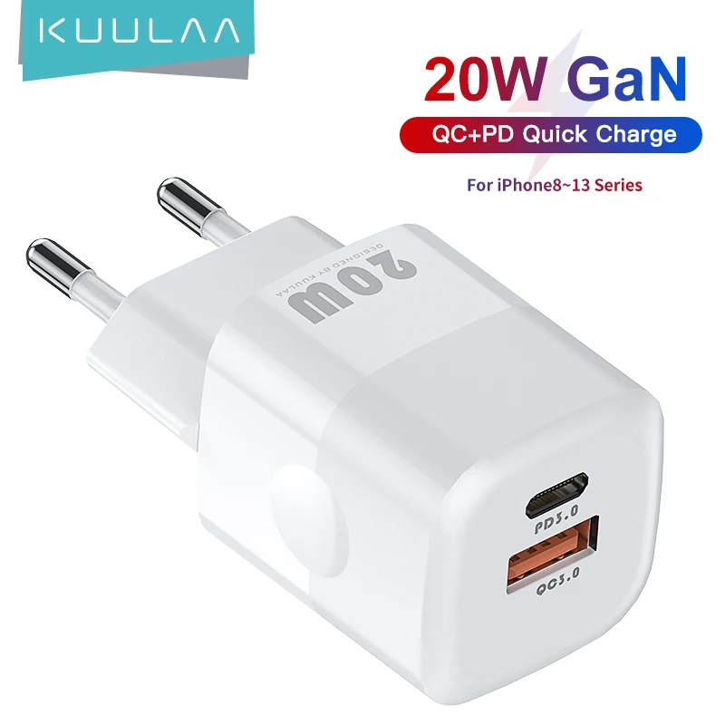  Зарядное устройство KUULAA 20 Вт с двумя USB-портами, устройство с поддержкой PD типа C для iPhone 13, 12 Pro Max, 11, Mini, 8 Plus 