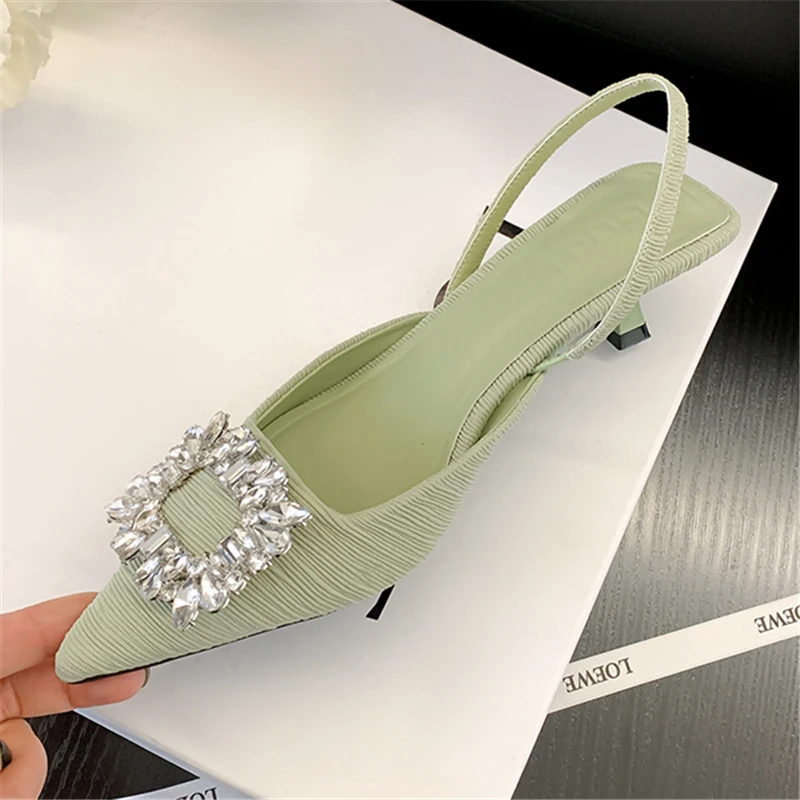 

Spring Summer Ladies Pumps Rhinestone Square Buckle Pointed Toe Shallow High Heel Sandals Sexy Women's Party Wedding Shoes 2022