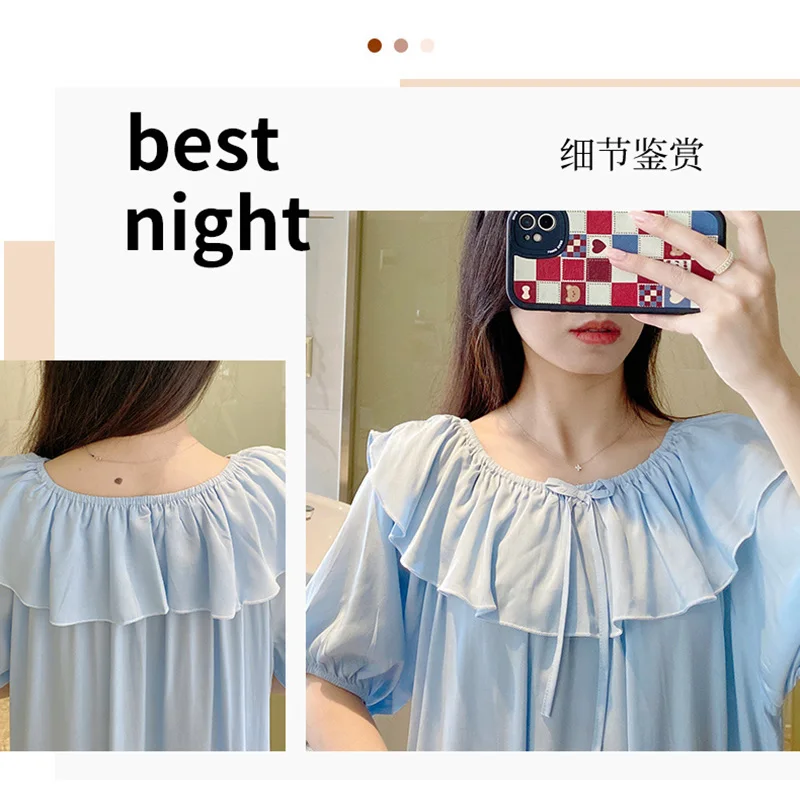 Thin Loose Slash Neck Nightwear Summer Pajamas Nightgowns Night Dress Women Sleeping Wear Solid Big Size Women's Clothing