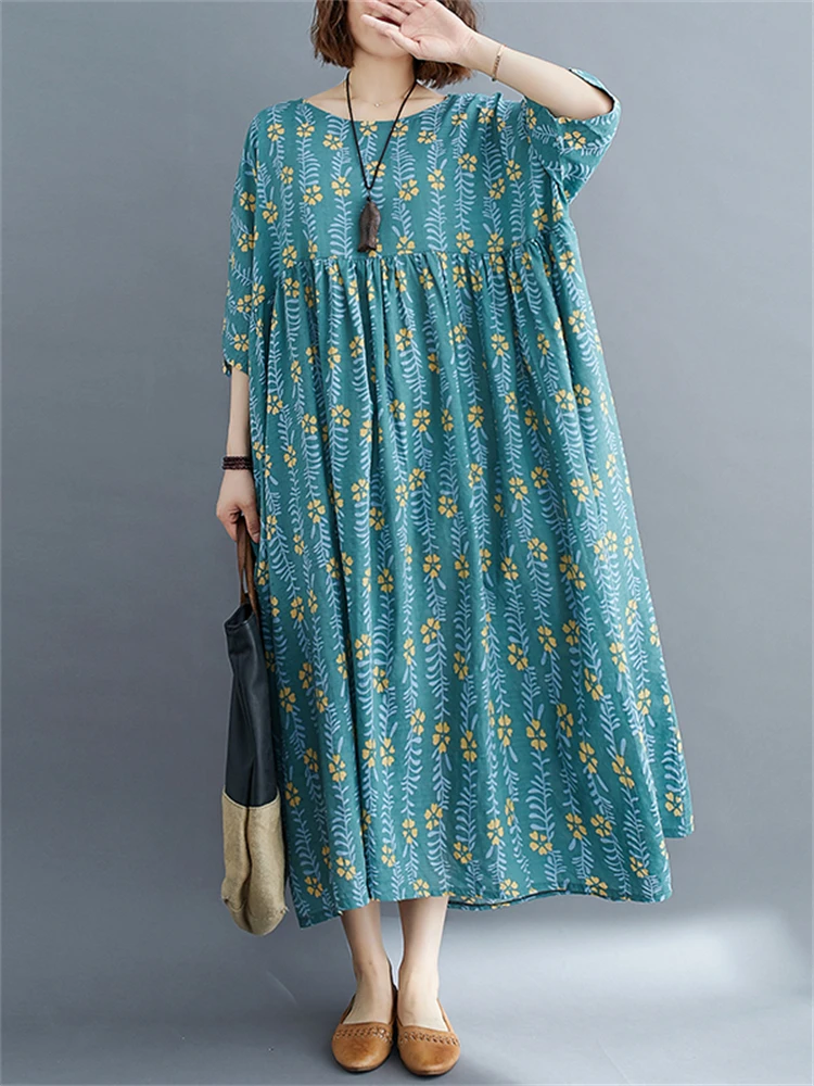 

Cotton Vintage Print Green Dresses For Women Summer 2022 Short Sleeve Casual Loose Long Dress Elegant Vestidos Ladies Clothing