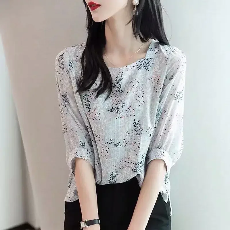 Женский шифоновый топ с полурукавами голубой узор женская рубашка и блузка
