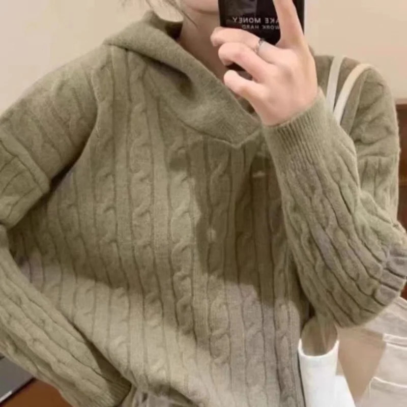 Осень-зима 2023 новый пуловер с капюшоном в стиле ретро женский утепленный вязаный