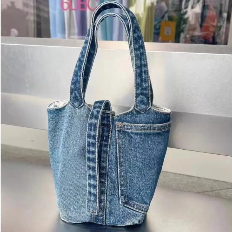 

New Denim Blue Ladies Hand Bags 2023 Fashion Chic Bucket Bag Women Contrast Color Design Pack Denim Blue Bolsos Mujer