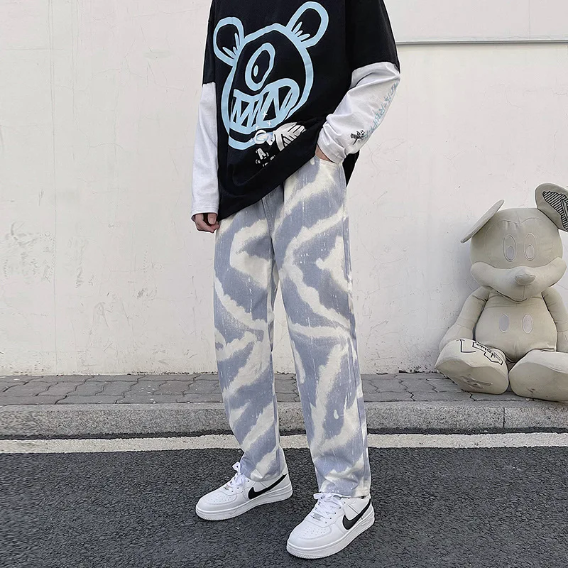 2021 New style spring and  e spring andutumn Tie-Dye Sports Men's Casual Hip-Hop High Street Elastic Waist Trendy Wide-Leg Jeans