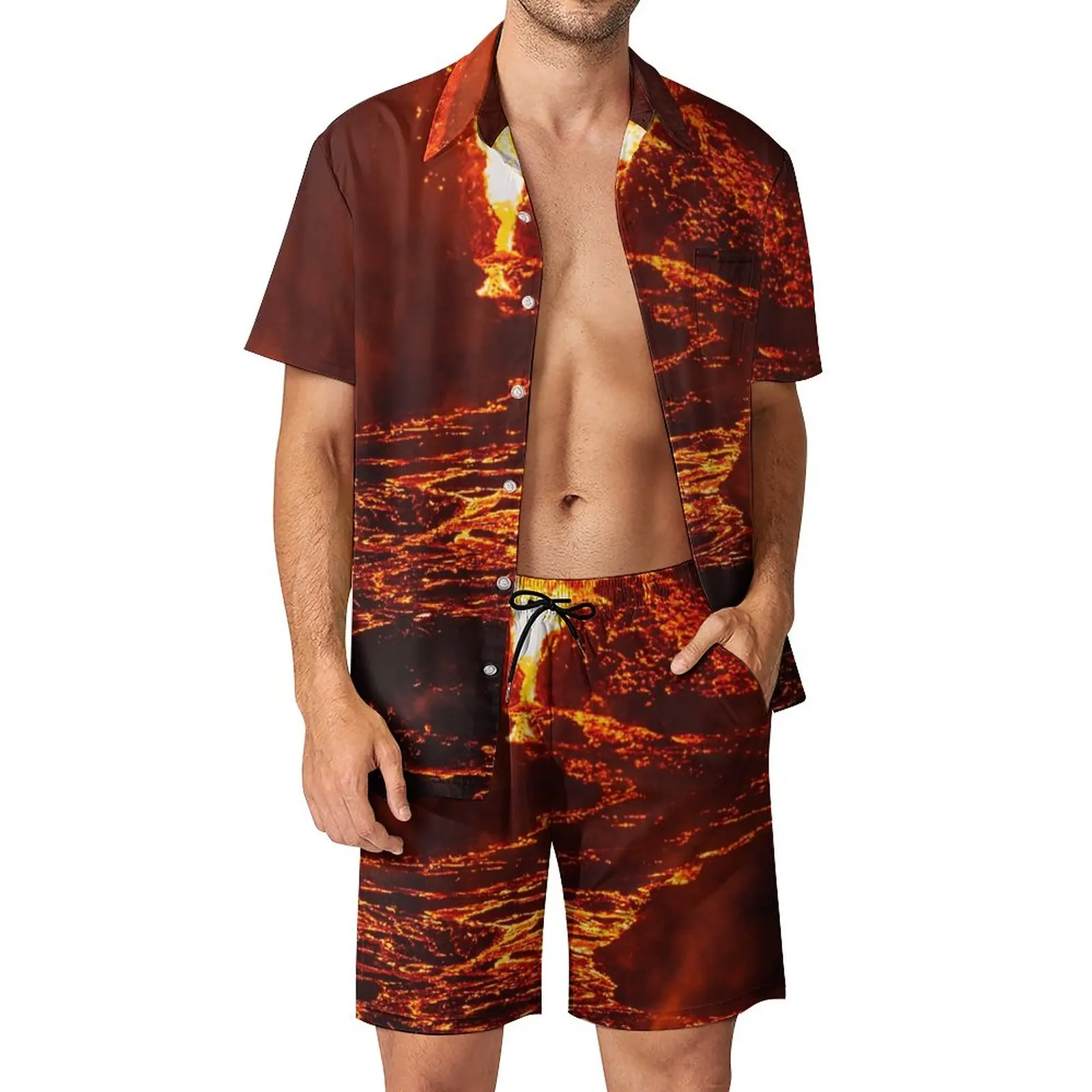 

Men's Beach Suit Lava Crater Flow at Night Iceland Tonga Volcano 2 Pieces Pantdress High Quality Beach Novelty