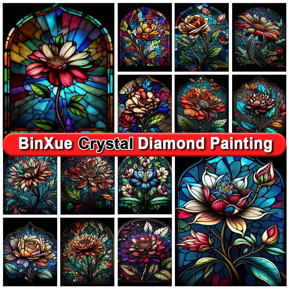 

BinXue фантазийное витражное стекло 100% круглая кристаллическая алмазная живопись роза цветок Алмазная вышивка лотос ручная работа Мозаика Ис...