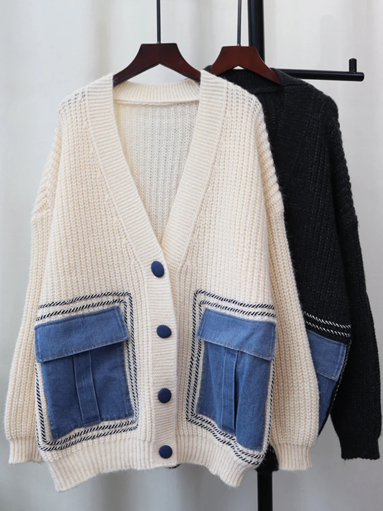 GVUW вязаный джинсовый свитер женский с v-образным вырезом нишевый дизайн