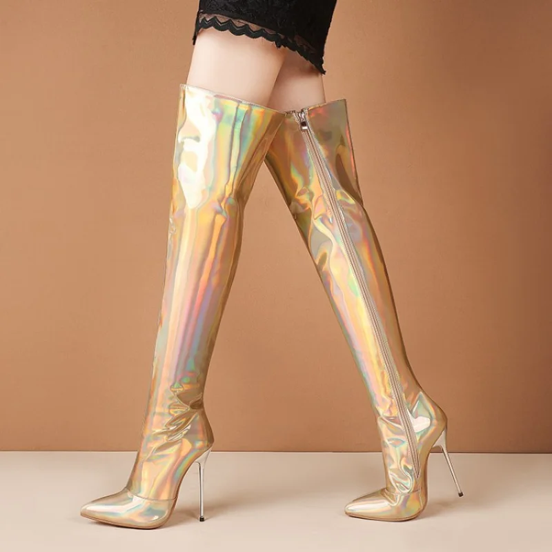 Europe and America Shining Phantom Slim High Heels Sexy Night Club Pole Dance Over Knee Boots34-45Thigh High Boots Womens Boots