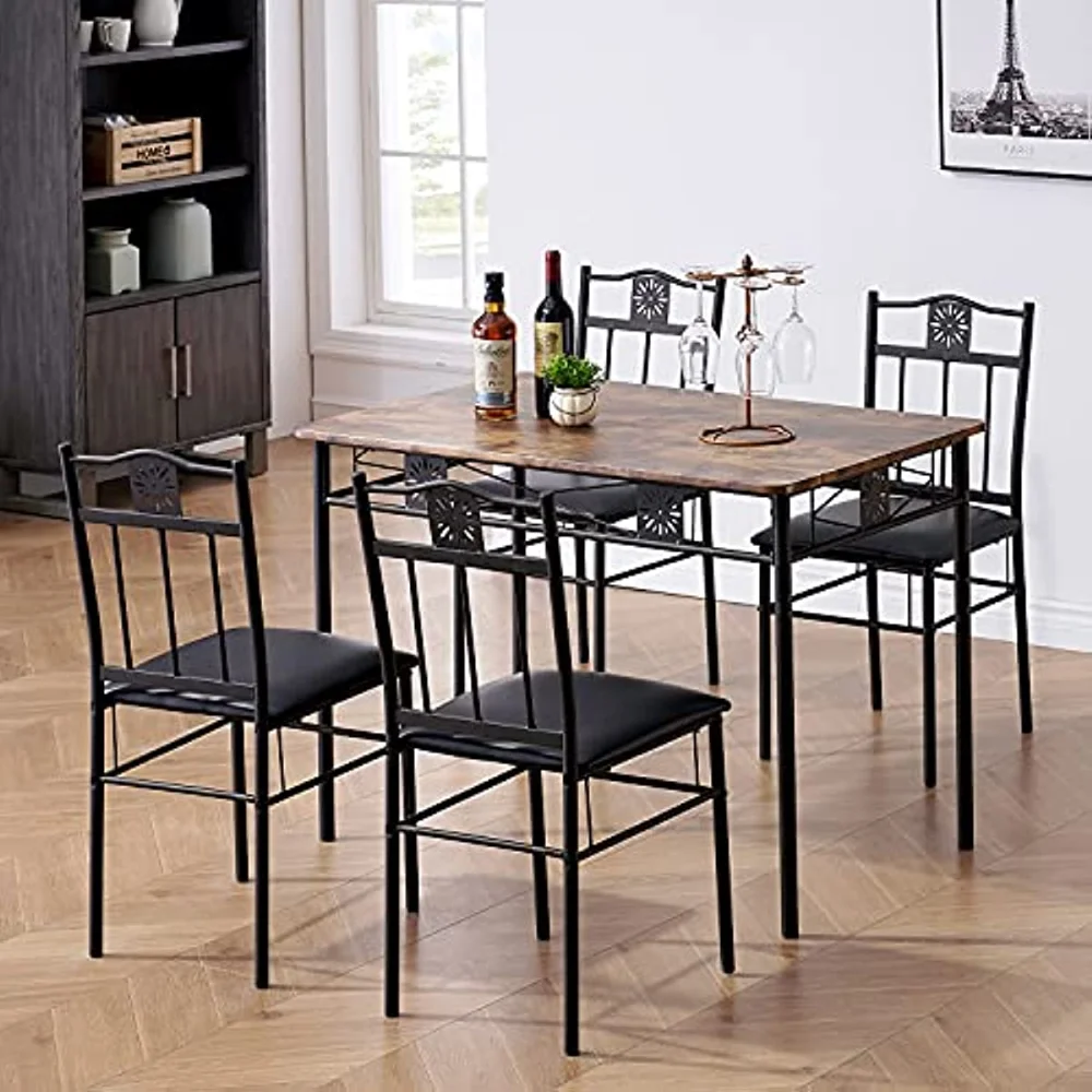 

Kitchen Dining Room Table Sets for 4, 5 Piece Metal and Wood Rectangular Breakfast Nook, Dinette with Chairs