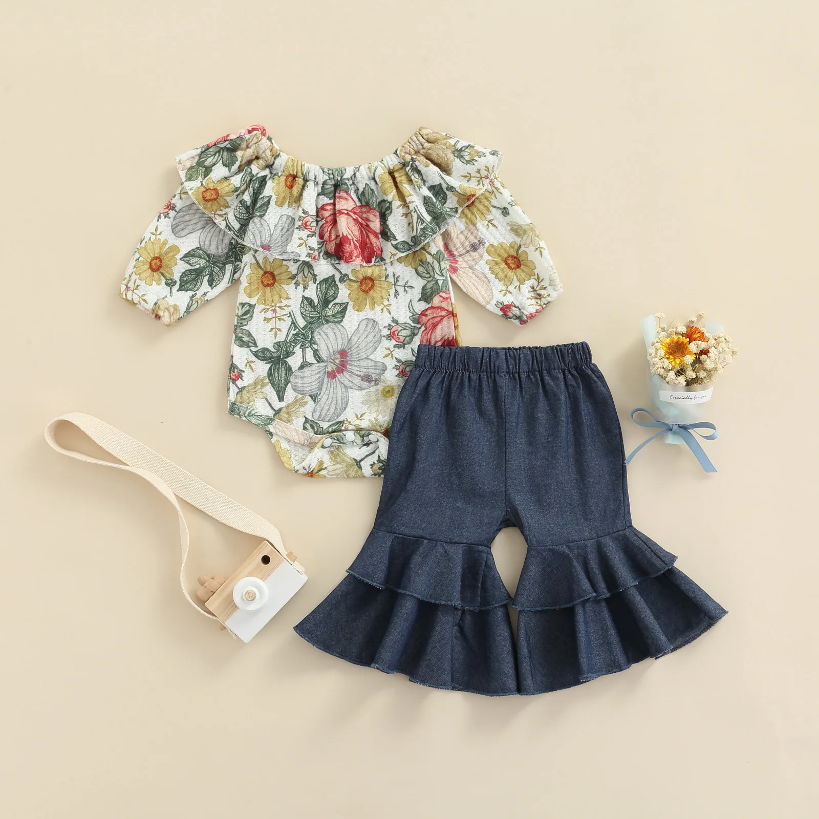 

Spring Autumn 2Pcs Infant Baby Girls Casual Clothing Sets Newborns Floral Print Ruffle Collar Long Sleeve Rompers Flare Pants