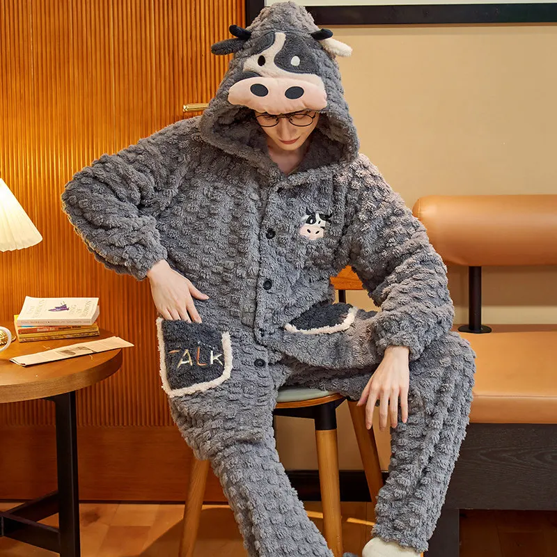 FUNISHI Men Sleepwear Plus Size 4XL Winter Pajamas Flannel Loose Version Pullover Nightgown Coral Fleece Inspissate Pajama Set