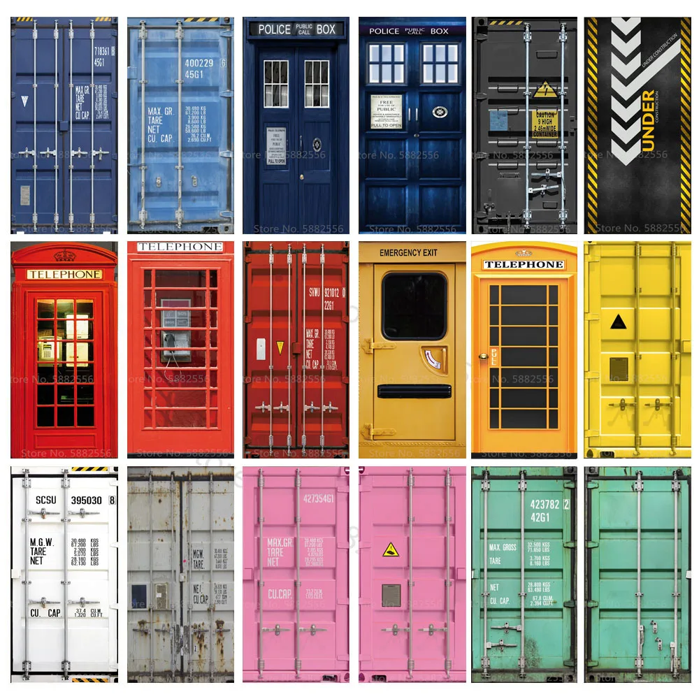 Adhesive Blue Black White Red Pink Green Container Telephone Booth Door Sticker Wallpaper 3D Living Room Bed Door Mural Sticker