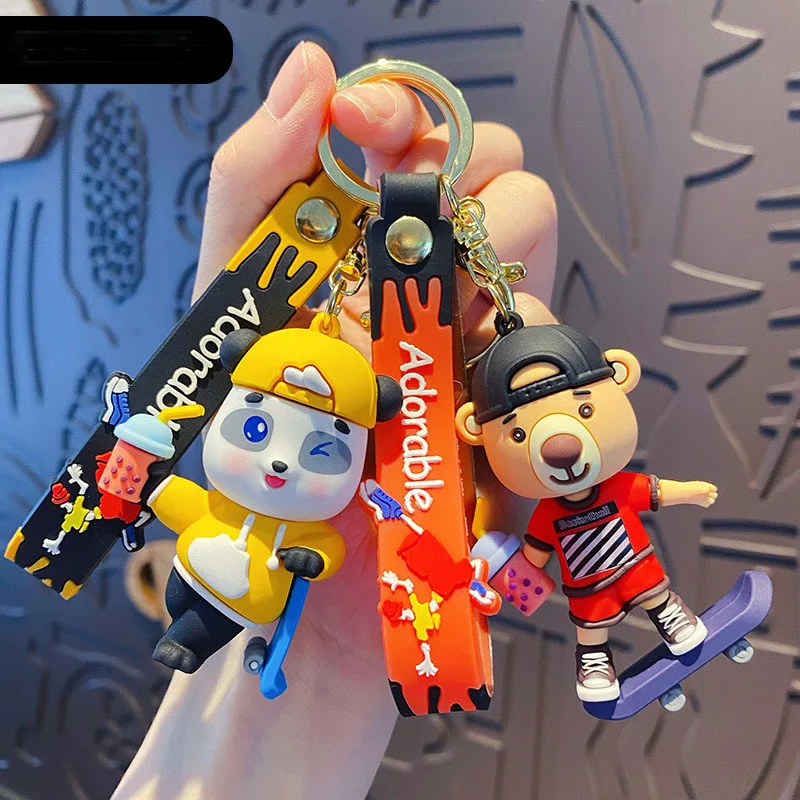Cute Milk Tea Bear Keychains Cartoon Skateboard Panda Doll Key Holder Charm Sports Backpack Pendant Fashion Jewelry Keyring Gift