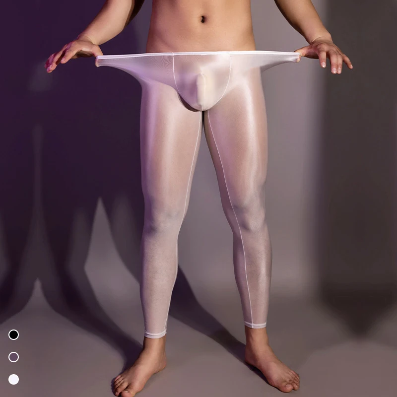 Glossy Sexy Ultra-thin Mens See Through Ice Silk Leggings Long Johns Lounge Sleeping Pants Underwear
