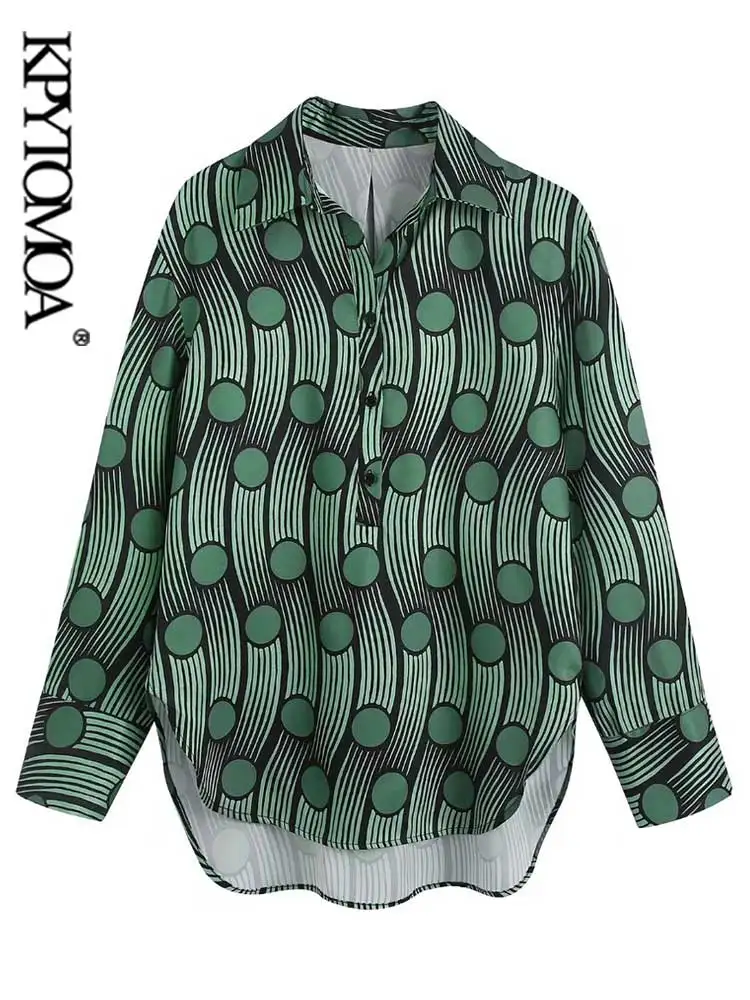 

KPYTOMOA Женская модная бегущая Асимметричная блузка с принтом винтажные женские рубашки с длинным рукавом на пуговицах Блузы шикарные топы