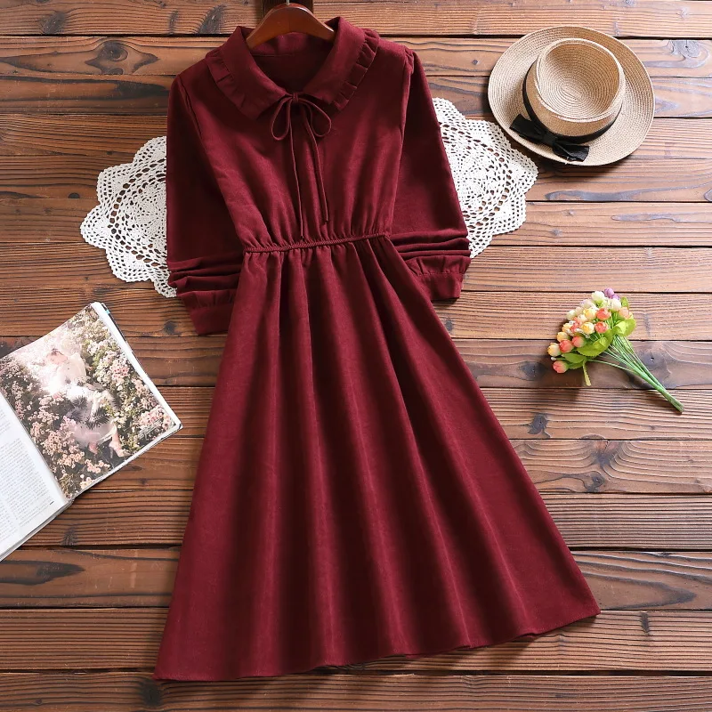 

Mori Girl Autumn Winter Preppy Style Red Dress Women Long Sleeve Peter Pan Collar Elegant Vintage Sweet School Midi Dresses