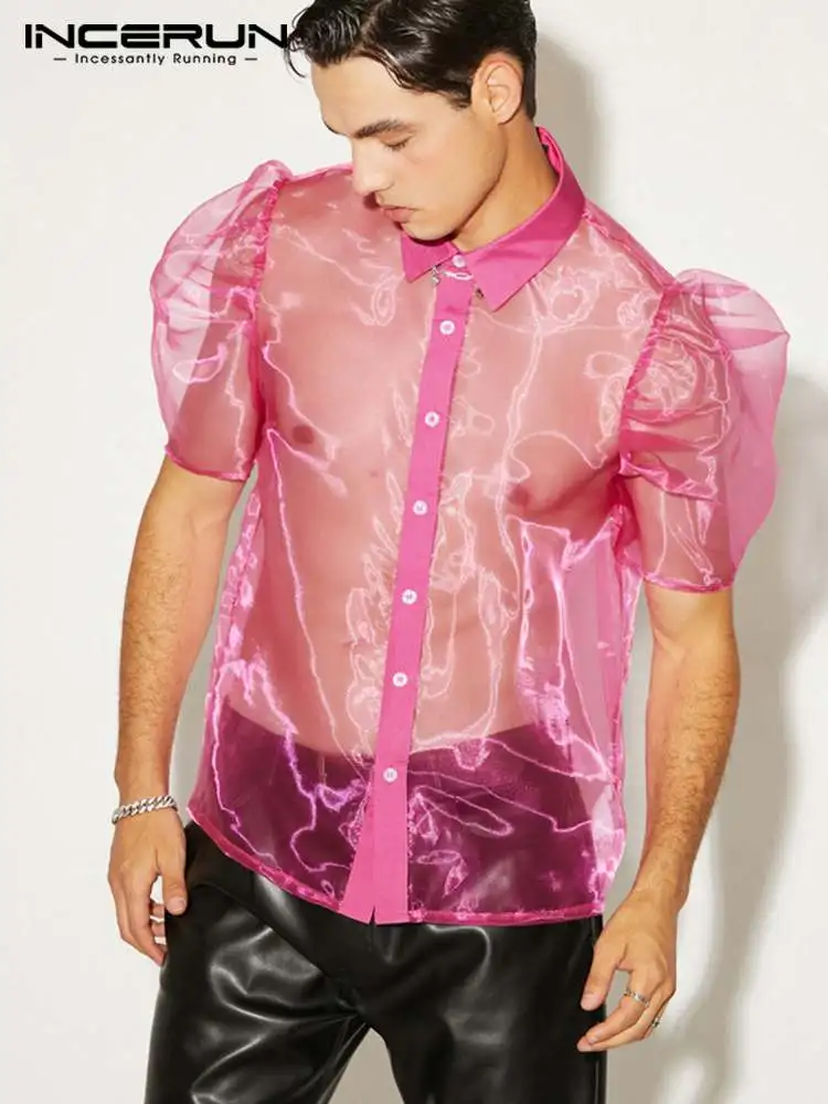 

INCERUN Men Mesh Shirts Transparent 2022 Lapel Puff Short Sleeve Party Nightclub Shirt Men Streetwear Sexy Fashion Camisas 5XL 7