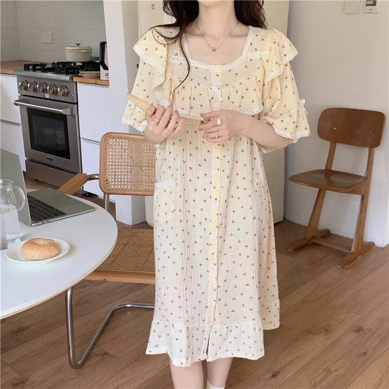 

Кружевная ночная сорочка принцессы из 100% хлопка, с оборками и цветочным принтом, одежда для сна, домашняя одежда, дышащее Мягкое платье, S124