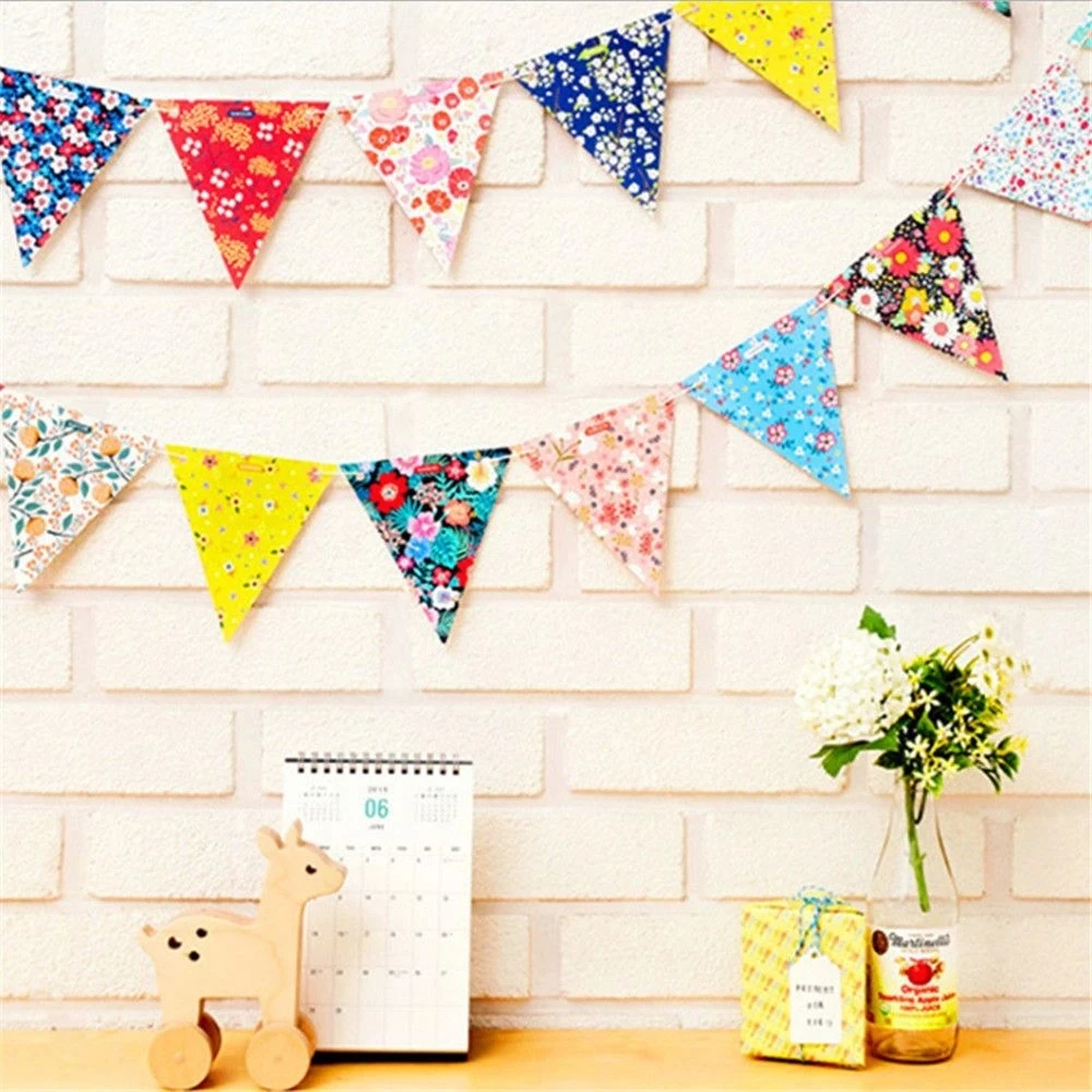 

12Pcs Vintage Flower Print Flags 12*13CM Birthday Party Wedding Festival Christmas Pennant String Banner Buntings Decoracion