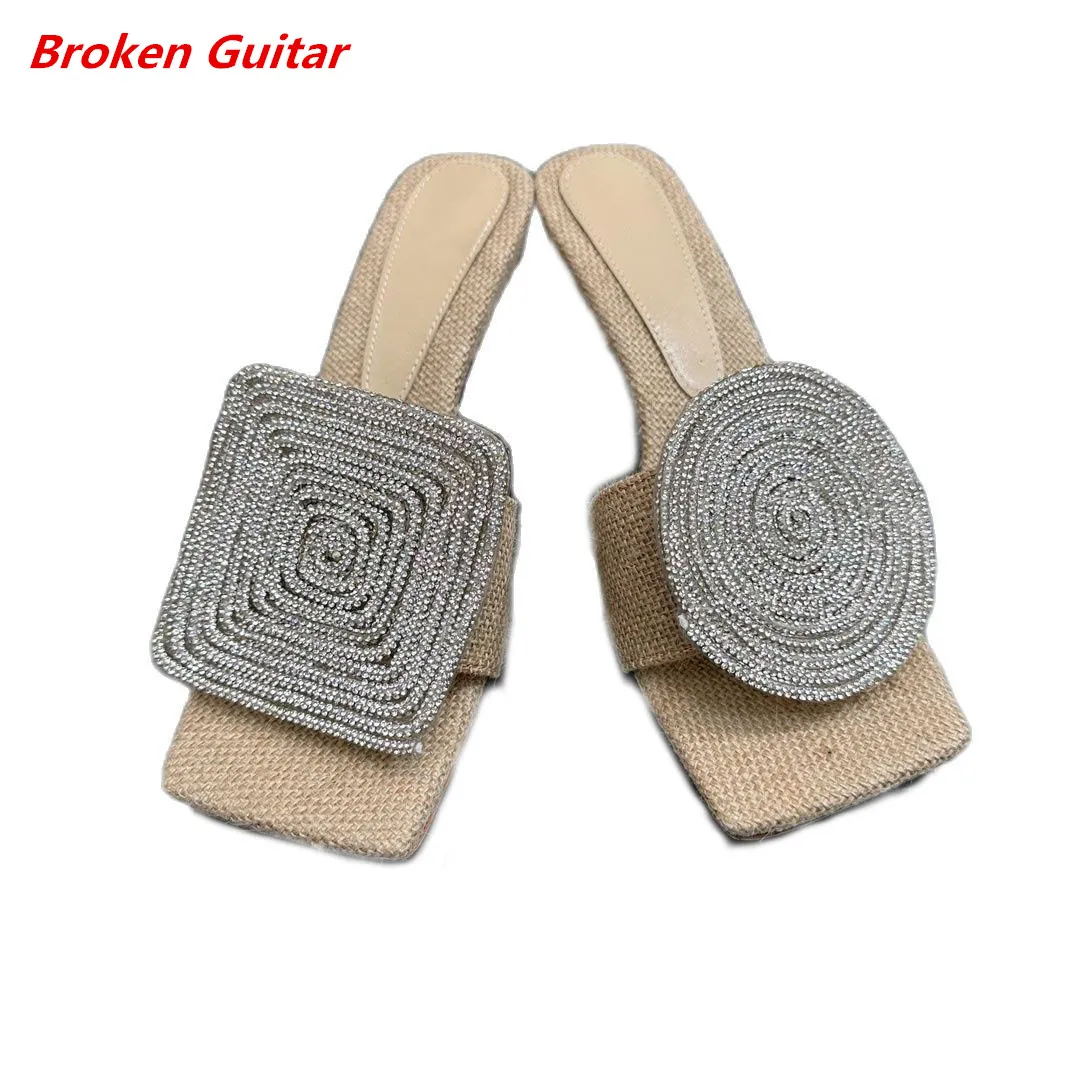 

Новинка 2023, нишевой дизайн на толстом каблуке, квадратный носок и круглые декоративные льняные женские Тапочки