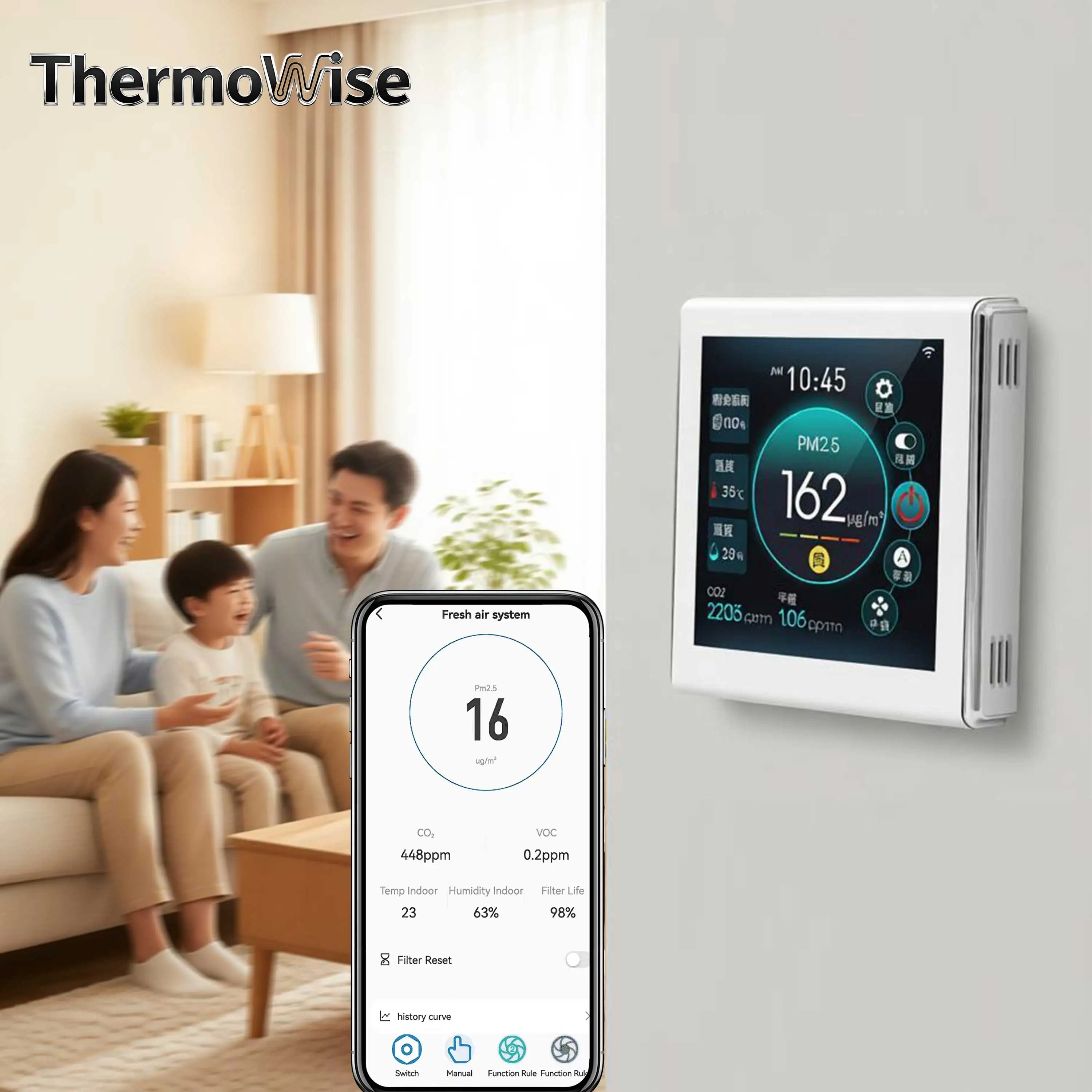 Фото Управление вентилятором ThermoWise AC/EC с Wi-Fi, цветным сенсорным экраном, регулировкой датчиков CO2/PM2.5/VOC и мониторингом температуры и влажности №4
