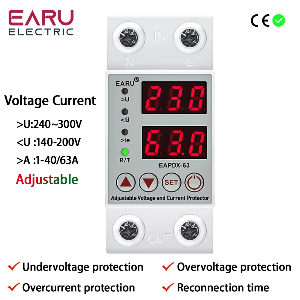 

EARUELECTRIC Реле защиты от перенапряжения и пониженного напряжения 1А-40А/63А