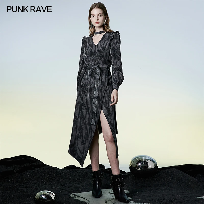 PUNK RAVE Women Gothic Printed Chiffon Loose Dress V-neck Neck Loop Showing Clavicle Dresses Metal Round Button Side Slit Cloth