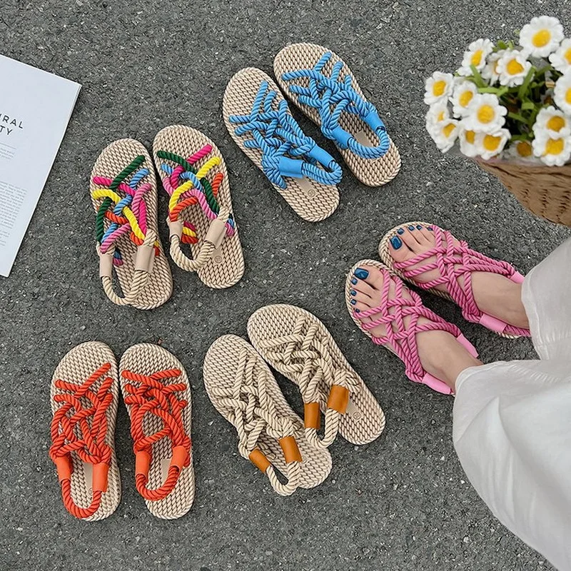 Новинка женские льняные сандалии FHC на плоской подошве летние с плетеным шнурком