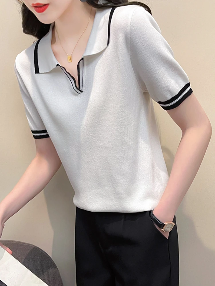 

Women's T-shirt Ladies Tops Fashion Summer Lapel Pullover Loose Short Sleeve Ice Silk Knitting Splicing Regular Tenafeicc