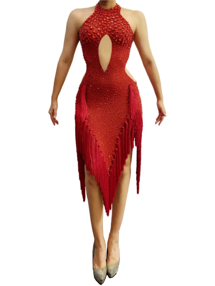 

Роскошные модные блестящие красные кристаллы, латиноамериканские платья для женщин, вечерние, на день рождения, свадьбу, сексуальные плать...