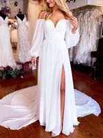 white wedding dress chiffon beach bridal gown off shoulder full sleeves sweetheart a line court train pleat bride women elegant
