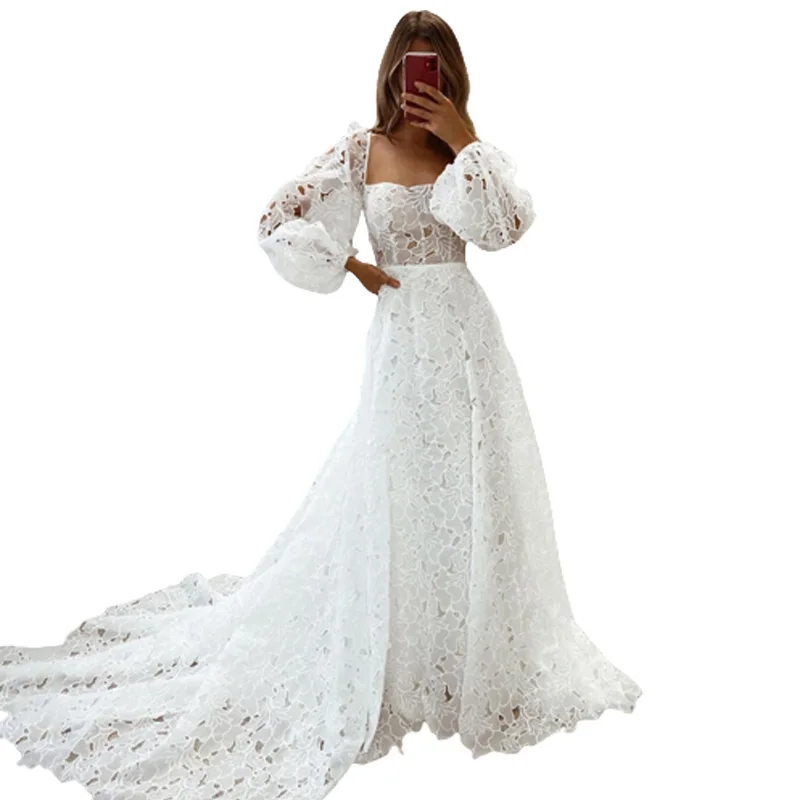 

Full Lace Wedding Dresses For Women Bohemian Bridal Gowns Lantern Sleeves Open Back Beach Abiti Da Sposa Plus Size Corset Vintag