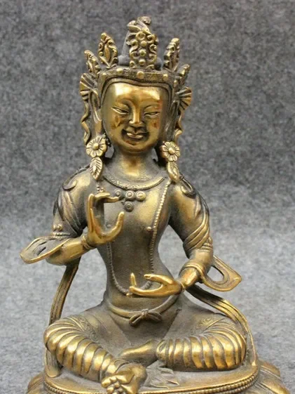 8-дюймовая тибетская бронзовая позолоченная статуя бодхисаттвы Joss Green Tara Kwan-yin