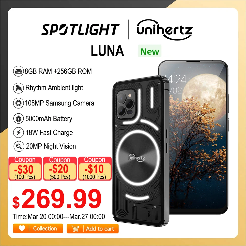 Unihertz Luna Smartphone Rhythm Ambient Light 8GB 256GB 108MP G99 Mobile Phone Night Vision Cellphones