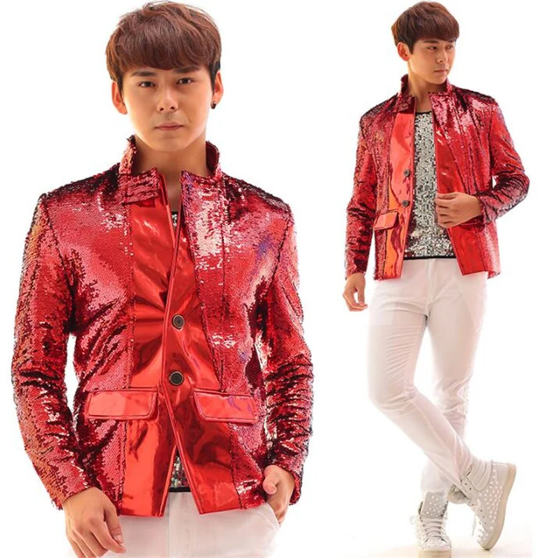 

Red men suit designs masculino terno stage costumes for singers men sequin blazer dance clothes jacket style dress punk rock