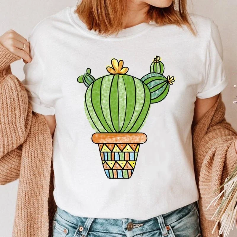 

Women Cactus Flower 90s Short Sleeve T Shirt Cartoon Summer Tee T-shirt Top
