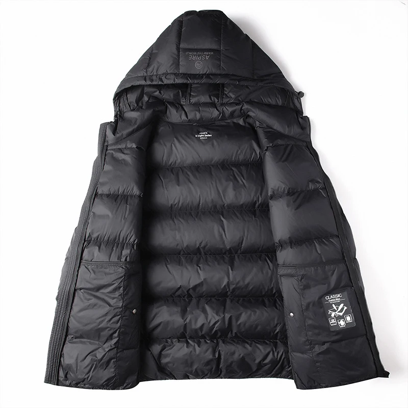 New Men's Fashion Coat Winter Down Jacket Black Zipper Hooded Jacket Medium and Long Daily Casual Warm Bread Down Jacket