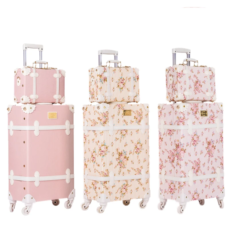 

BeaSumore Retro Pink PU Leather Rolling Luggage Set Spinner Suitcase Wheel Vintage Cabin Trolley Women's Handbag Travel Bag