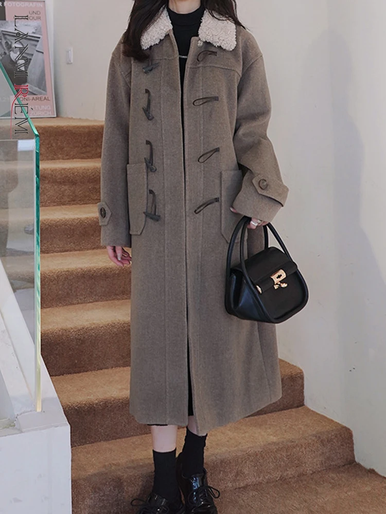 

LANMREM корейский стиль шерстяное длинное пальто для женщин контрастный цвет лацканы однобортный дизайн одежда мода 2023 зима новинка 2AA2704