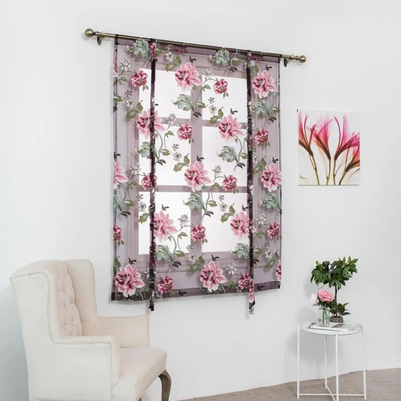 

Kitchen Short Curtains Sheer Roman Blinds Door Modern Tulle Fabrics Valance Floral Design Kitchen Curtains