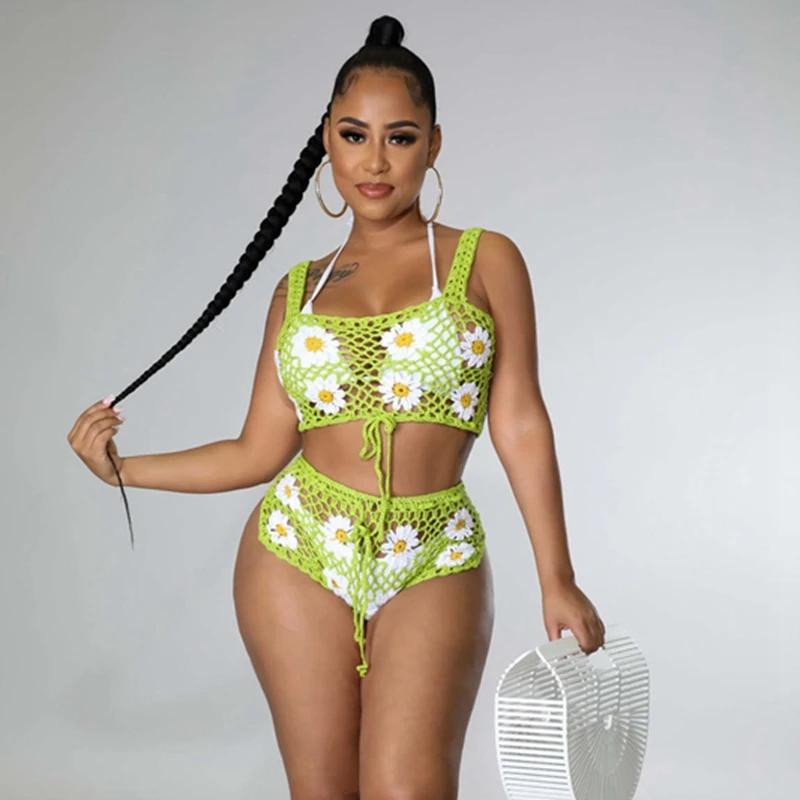 

Fashion Crochet Two Piece Set Women Beachwear Sexy Bandage 2 Piece Sets Womens Outfits Flowers Tank Top and Shorts Set Holiday