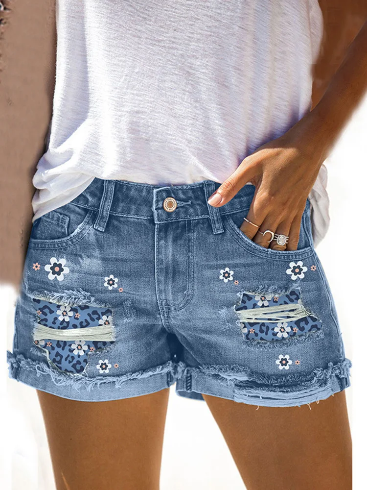 

Women Casual Fashion Ripped Denim Short Printed Patchwork Jeans Shorts Mid Rise Distressed Cuffed Rolled Hem Short-Pant